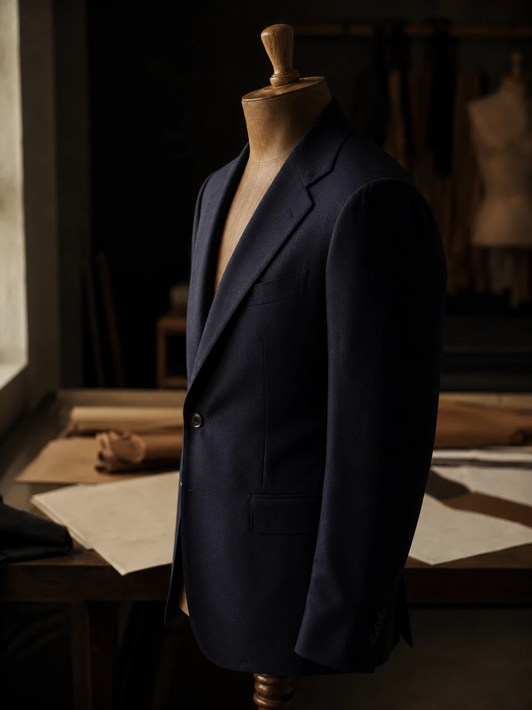 Saco full canvas sobre maniquí de madera, sosteniendo su forma sin cuerpo dentro